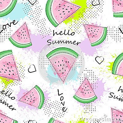 Girls summer seamless pattern with watermelon pieces, blots,hearts, and text Stock Photo